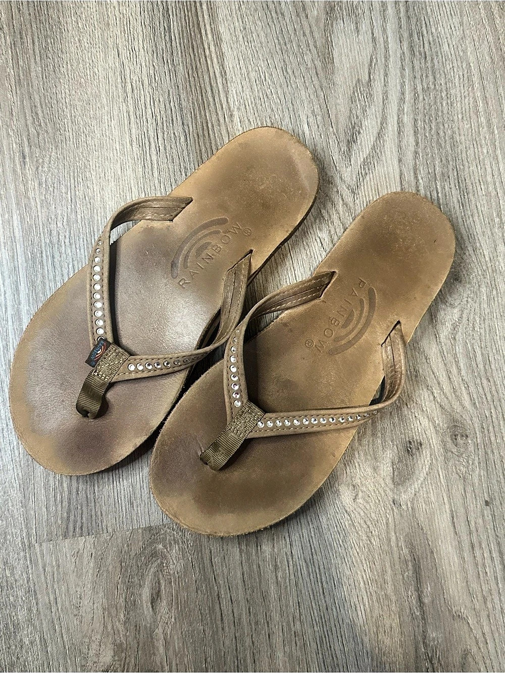 Rainbow Sandals Women’s Crystal Collection Premier Leather Flip Flops Brown 6.5